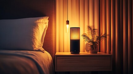 Smart speaker on bedside table at night, warm light.