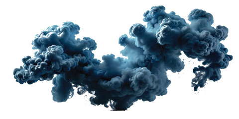 Beautiful blue smoke plume isolated on transparent background. bright orange paint color powder festival background.	