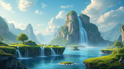 A fantastical fairytale island with a flowing waterfall