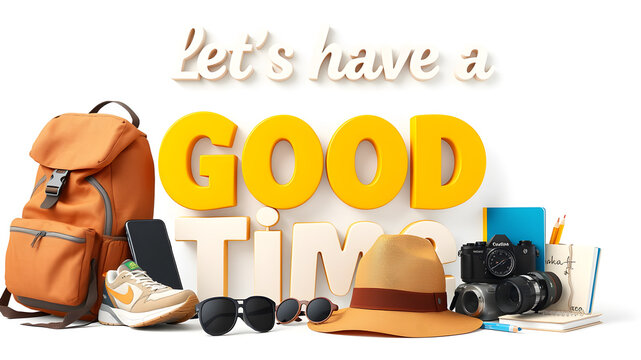 Let's Have A Good Time Written Promotional Poster Isolated with 3D Realistic Items Like Backpack, Sneakers, Compass, Cell Phone, Sunglasses, Hat, Camera and Notebook. Generative AI