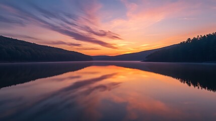 Obraz premium Scenic sunset over a remote mountain lake with tranquil reflections of the surrounding landscape 