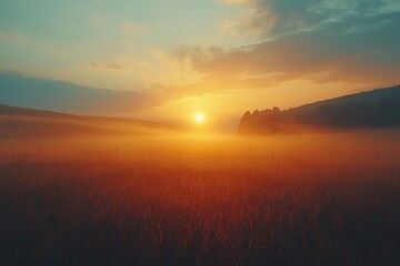 Obraz premium Misty Countryside Dawn with Soft Glowing Rays and Rolling Hills Silhouette