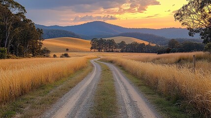 Winding Dirt Road Through Golden Autumn Fields with Distant Rolling Hills and Warm Afternoon Lighting
