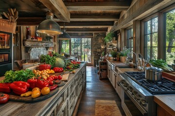 Rustic kitchen with fresh vegetables on a wooden island, beams, and large windows. Perfect for blogs, articles, or websites about home design, cooking, or healthy eating.