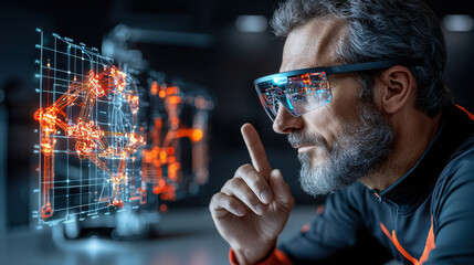 athlete wearing augmented reality glasses, focused on digital interface, showcasing advanced technology and innovation in training. scene highlights concentration and futuristic design