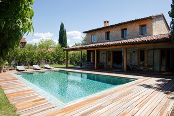 Fototapeta premium Stone house with a pool and wooden deck. Perfect for showcasing luxury real estate or summer vacations.