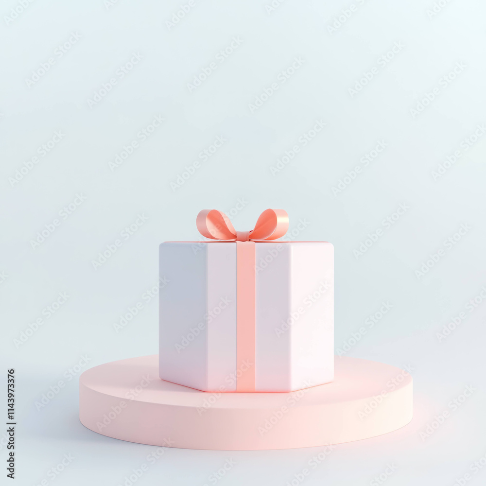 Aufkleber pastel pink gift box with ribbon sits on round platform against soft white background, creating mini