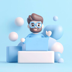 cheerful man with glasses working on laptop surrounded by abstract blue and white shapes