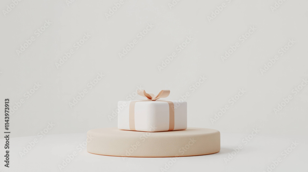 Poster minimalist white gift box with soft ribbon sits on beige platform, featuring clean lines and soft sh