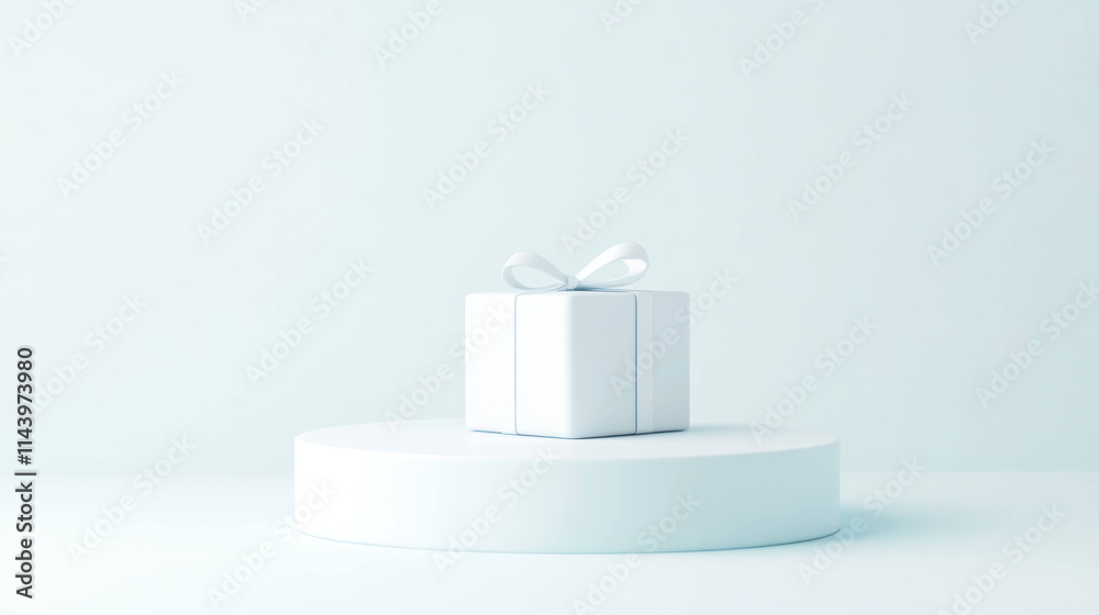 Aufkleber white gift box with ribbon is placed on round platform, featuring minimalist design and soft gradien