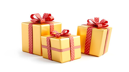 Obraz premium Gold gift wrapping with red ribbon on white background. Generative AI