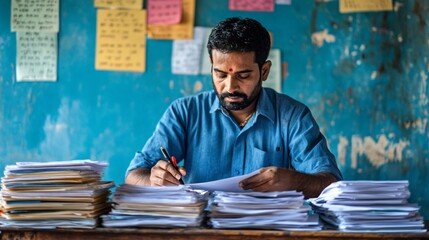 A South Asian man focused on organizing papers at a cluttered desk, surrounded by colorful notes.