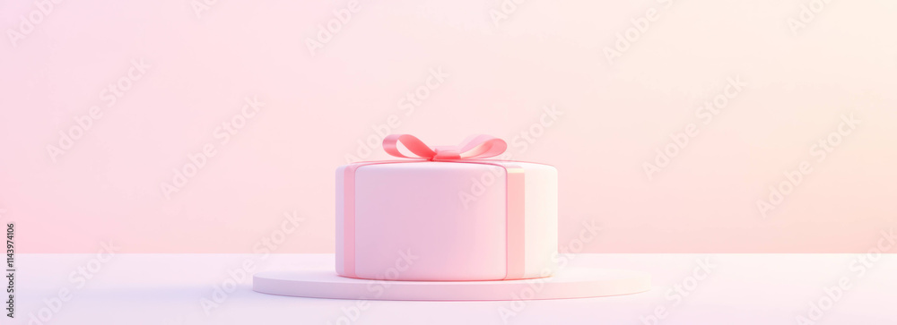 Poster pastel pink gift box with ribbon placed on round platform, soft gradient background