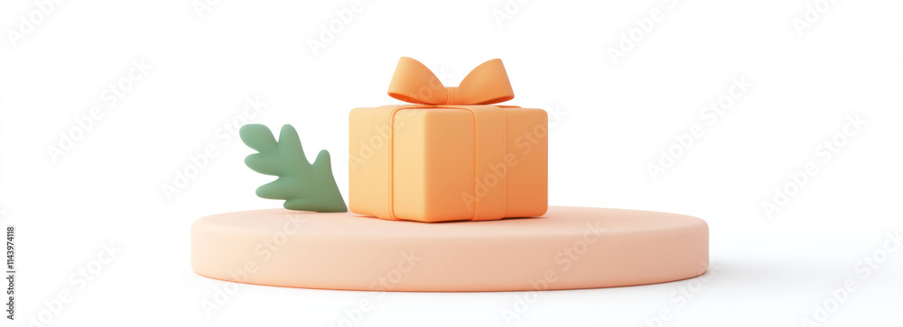 Poster minimalist render of orange gift box with bow on round platform, featuring soft edges and clean aesthetic