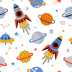 Seamless pattern with cute planets, stars, ufo, earth, constellations, rockets, space, saturn on white background. Creative kids texture for fabric, prints, wallpaper, decorations, textiles. © jintana