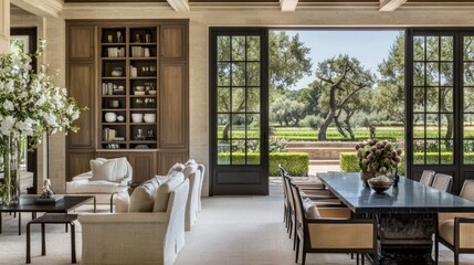 Obraz premium Elegant interior with a view of landscaped gardens.