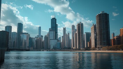 Obraz premium A stunning view of a modern city skyline reflecting in the water, showcasing tall buildings under a bright blue sky.