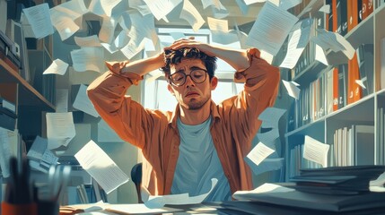 Man overwhelmed by paperwork, stressed and tired. Illustrates stress, deadline pressure, and office chaos.