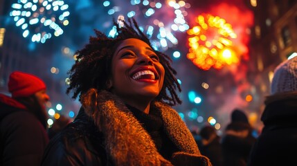 Fototapeta premium People celebrate New Year's Eve, laughing and having fun with fireworks in the background.