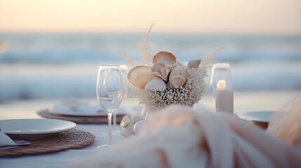 Romantic beach sunset dinner setting with seashells centerpiece.