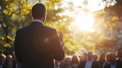 A male speaker in a suit addresses an attentive audience during a golden sunset.