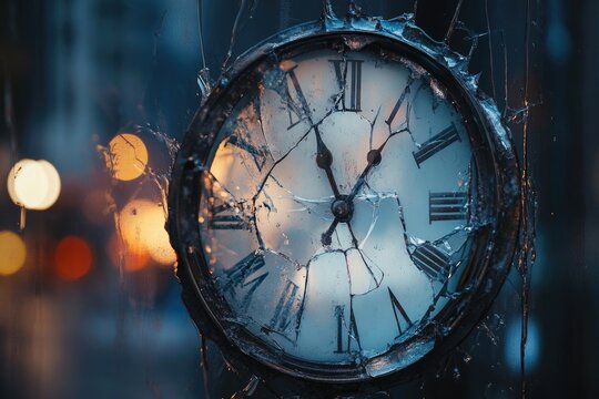Shattered clock face frozen in time, reflecting city lights, a poignant symbol of lost moments.
