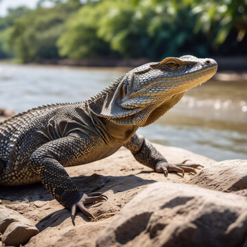 Reptilien - Waran kriecht entlang eines Flussufers
