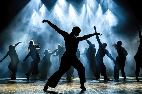 Silhouetted dancers on stage with dramatic lighting in a dance performance