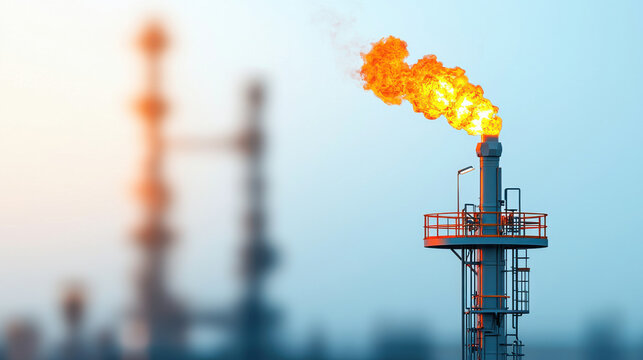 Detailed image of refinery flare stack burning off gas, showcasing intense flame against blurred industrial background. scene captures energy and complexity of oil processing