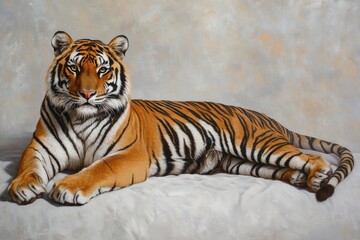 Obraz premium A majestic tiger rests gracefully, its orange and black stripes contrasting against a muted background.