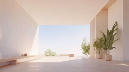 Fototapeta premium Minimalist open space with natural light, featuring potted plants and wooden elements