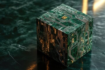 A green marble cube with embedded circuitry, illuminated with golden lines, representing technological innovation.
