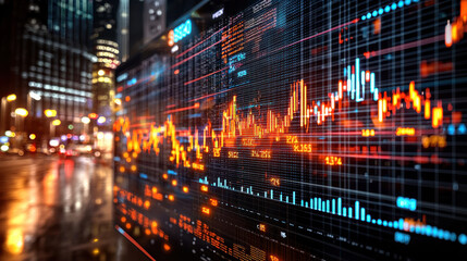 Digital stock market display boards showcasing currency trends and financial data in vibrant urban setting. illuminated graphs and charts reflect dynamic nature of trading