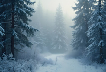 A snowy and foggy forest landscape