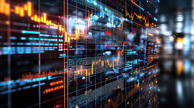 Digital stock market display boards showcasing currency trends and data analysis, with vibrant colors and intricate graphs reflecting market fluctuations and trading activity