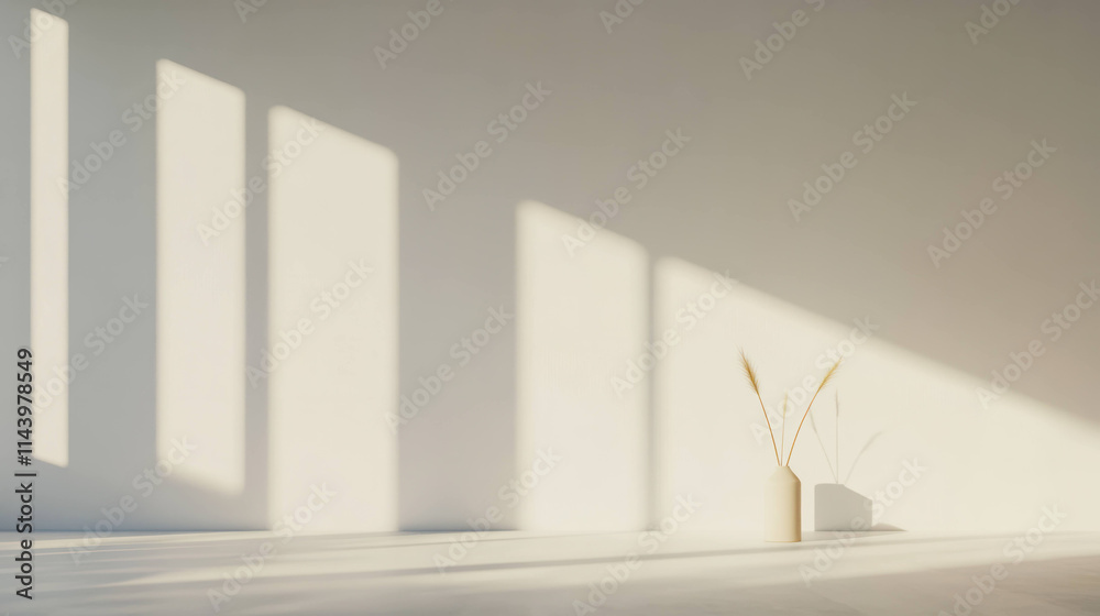 Poster minimalist interior with soft sunlight streaming through large windows, featuring simple vase