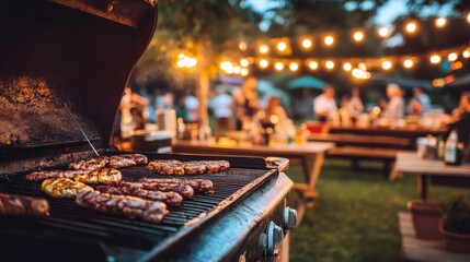 Festive Backyard Barbecue Party with Guests Enjoying Drinks