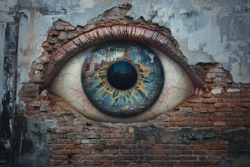 A giant eye peering through a crumbling brick wall, reflecting a cityscape within.