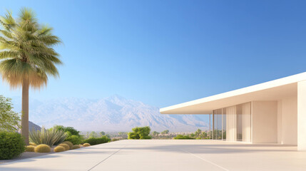 Fototapeta premium Modern mid century home with cantilevered design, panoramic views, and desert landscape
