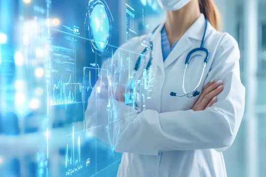Female asian medical professional interacting with futuristic holographic technology
