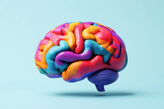 Vibrant multicolored 3d brain model on light blue background - Powered by Adobe
