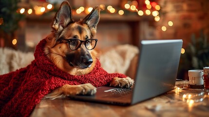 A sophisticated and stylish German Shepherd dog typing on a laptop wearing a luxurious red holiday cape and chic glasses