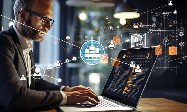 A businessman in front of a laptop looks at the monitor. A man in a suit works at a computer. Concept: business online, sales on the Internet.