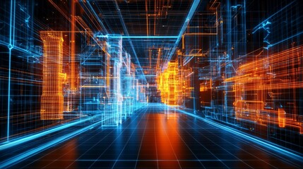 Fototapeta premium Virtual corridor showcasing vibrant blue and orange digital lines simulating an advanced data environment at night
