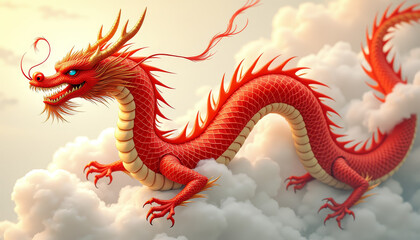 Fototapeta premium Majestic red dragon soaring through clouds in a captivating style