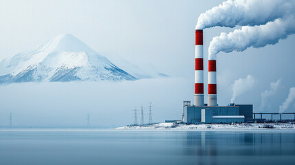 High quality imagery of coal electricity generation plant with red and white smokestacks, surrounded by mountains and fog. serene landscape contrasts with industrial activity