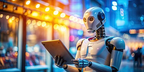 A miniature robot diligently works on a tablet screen, showcasing advanced AI robotic technology in a tilt-shift photograph.