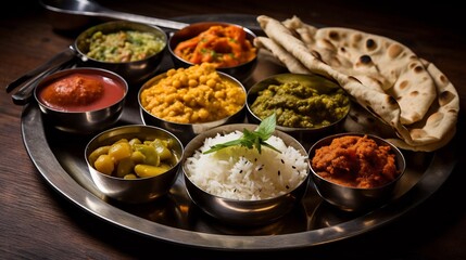 Vibrant and Authentic Indian Thali Featuring an Assortment of Flavorful Curries Fragrant Rice Freshly Baked Naan and Delectable Pickles Served on a Traditional Steel Plate