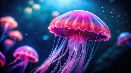 Glowing purple light illuminates a pink jellyfish, a mesmerizing underwater macro tilt-shift capturing ocean life.