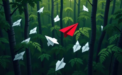 A bright red paper airplane leads a group of white paper airplanes across a clear blue sky.